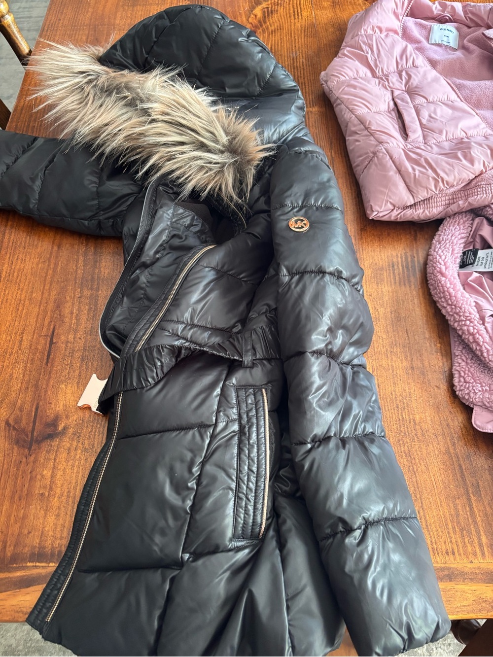 Michael Kors Black Girl's Puffer Coat with Faux Fur Hood Trim